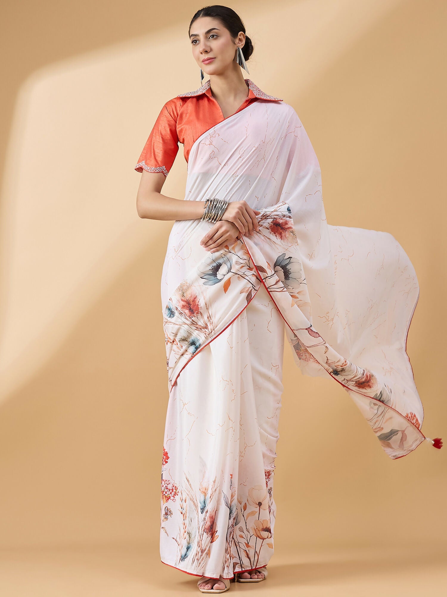 White Chiffon Floral Printed Saree with Stitched Blouse - Dharavi