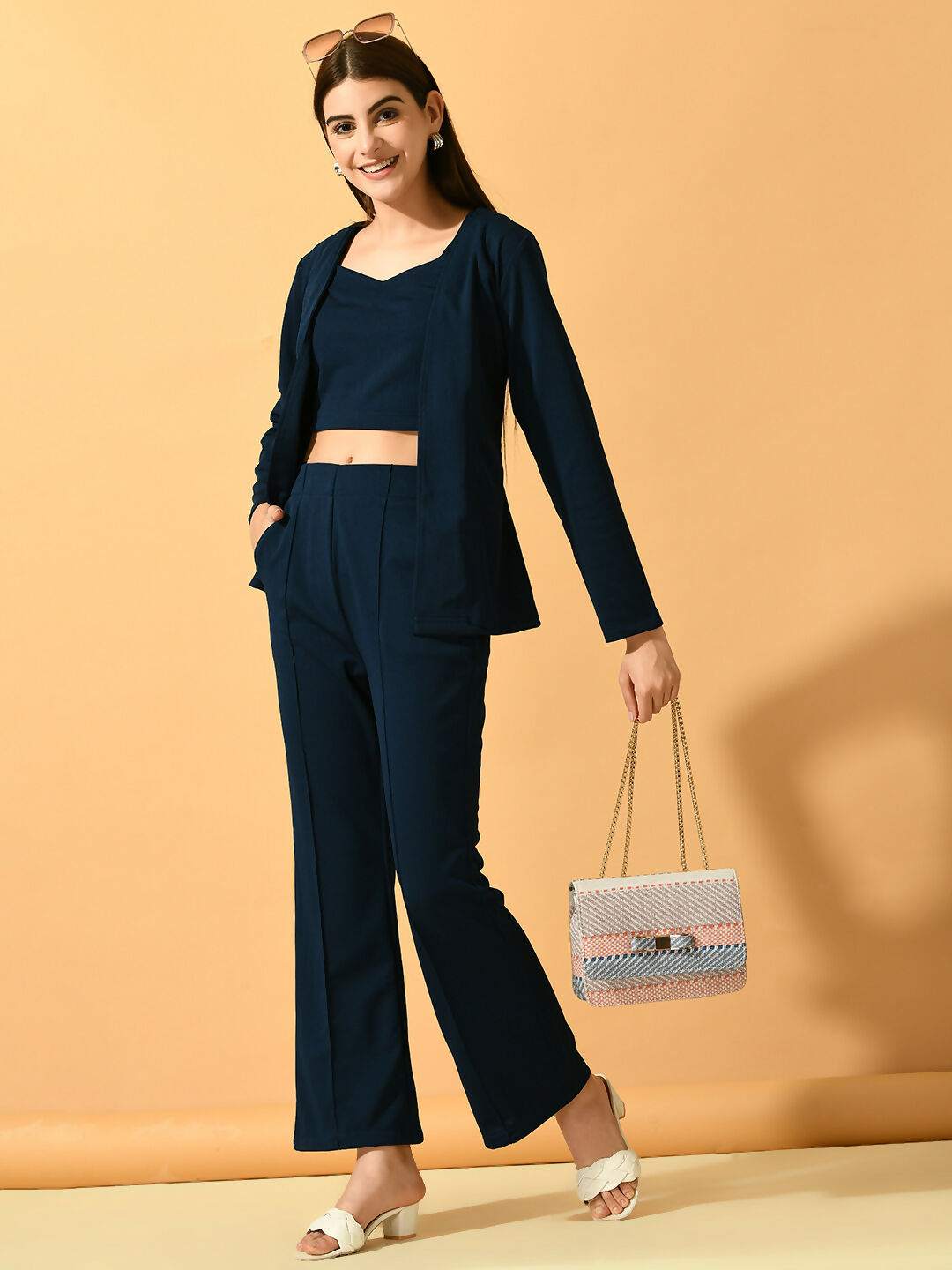 Myshka Women's Navy Blue Solid Coat With Trousers