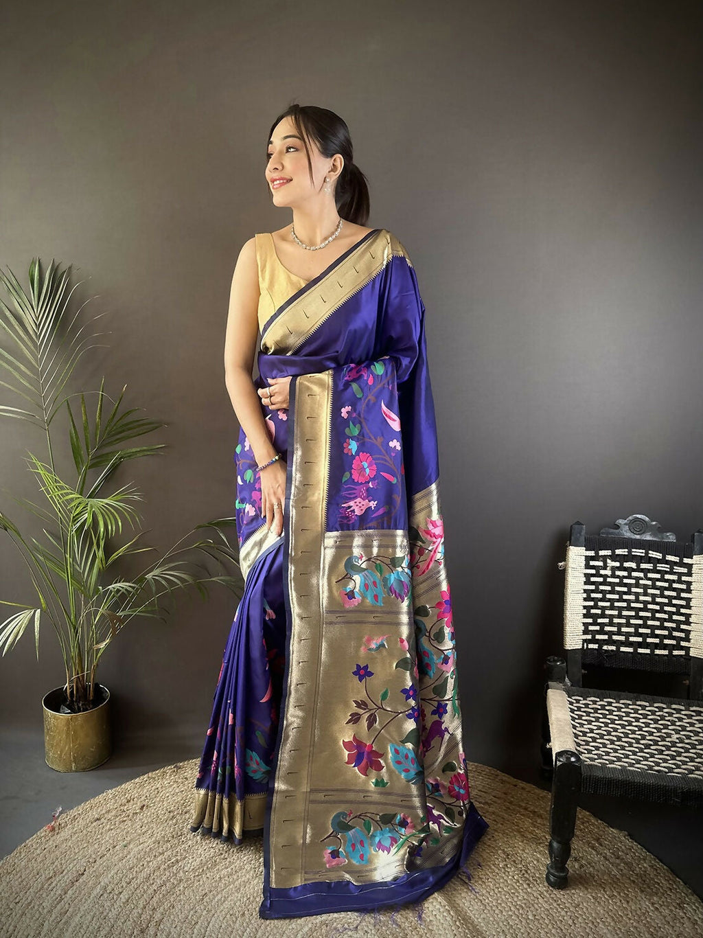 Joban Fashion Royal Blue Floral Paithani Sarees
