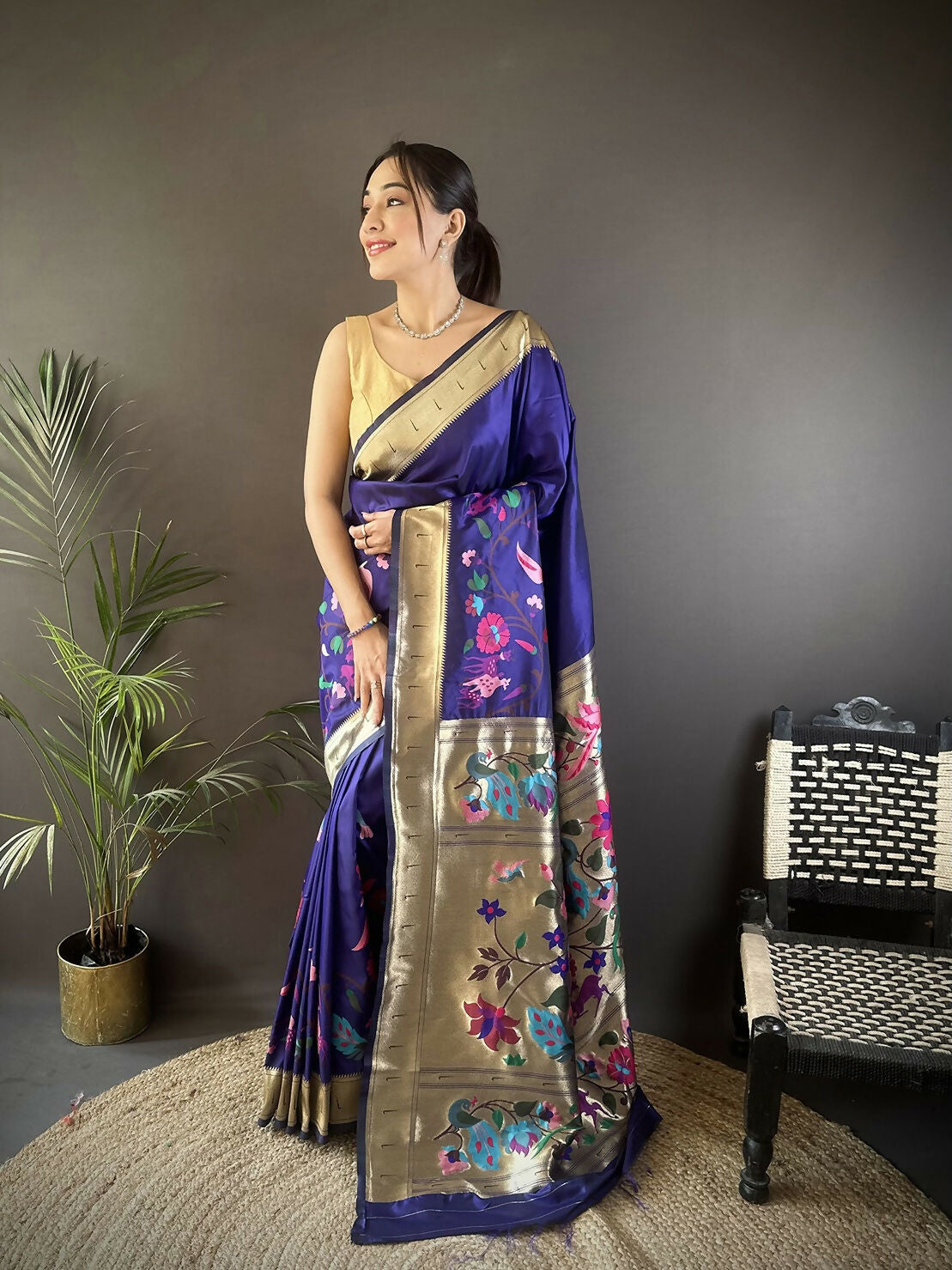 Joban Fashion Royal Blue Floral Paithani Sarees
