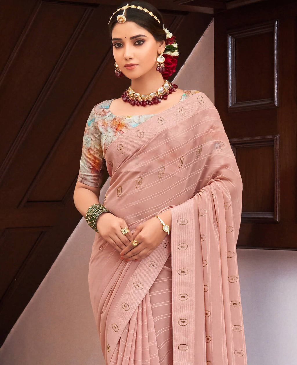 Peach Georgette Swaroski Work Saree With Unstitched Blouse Piece - Juhi
