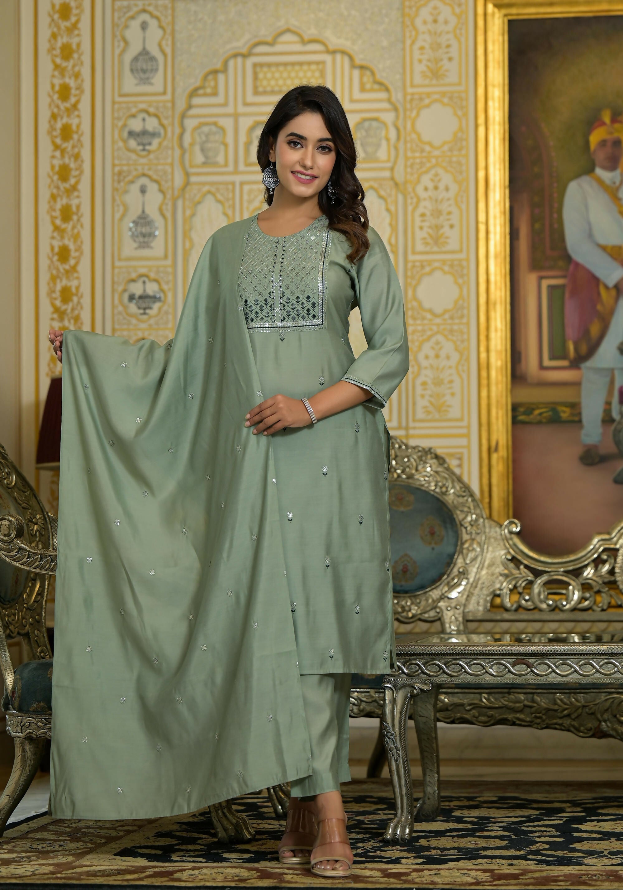 Juniper Women's Mint Viscose Zari & Thread Embroidered Kurta Pant And Dupatta Set With Sequins