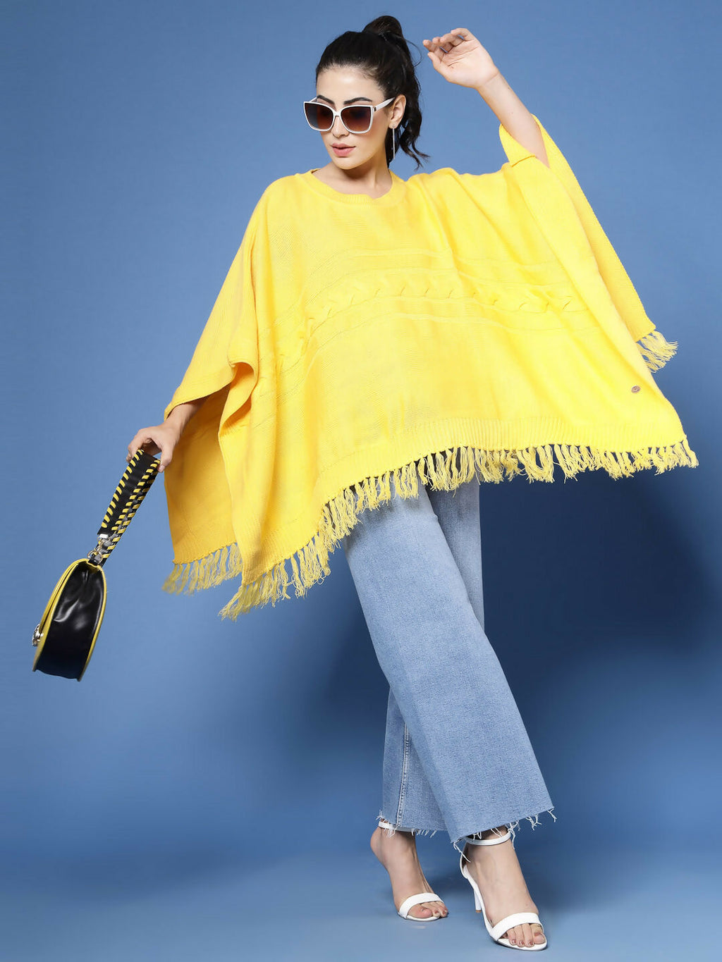 Women Yellow Acrylic Self Design Poncho - Wool Trees