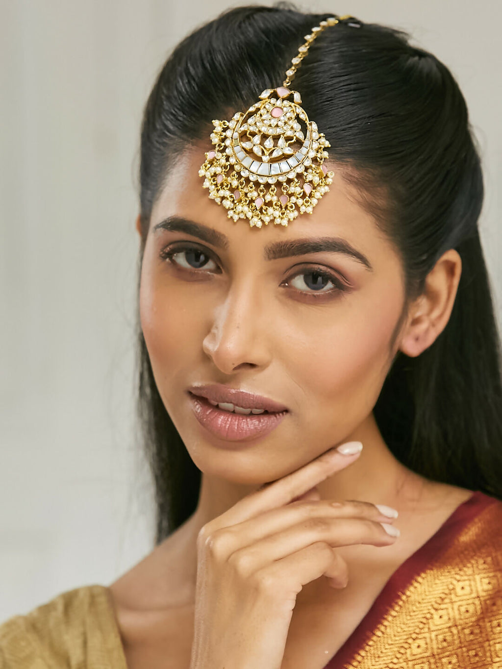Nuyug 22K Gold-Plated Pearls & Pink Kundan Studded Statement Maang Tikka Head Jewellery