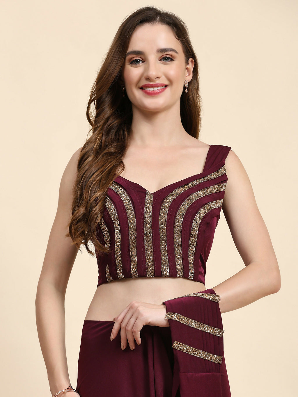 Maroon Polyester Solid Ready to Wear Saree with stitched Blouse - Nita