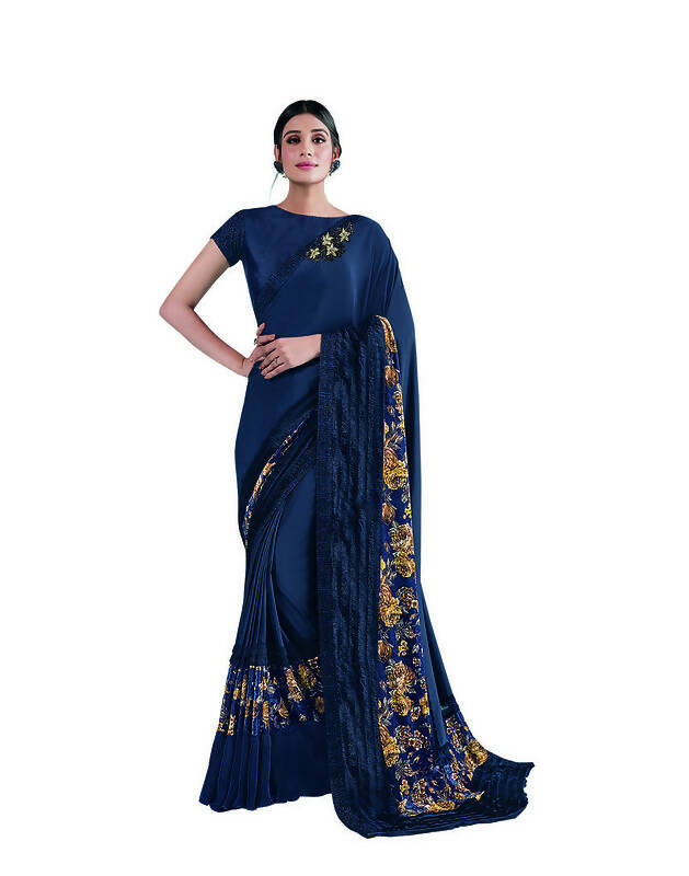 Blue Lycra sequence Saree with Unstitched Blouse Piece - Norita Elaura