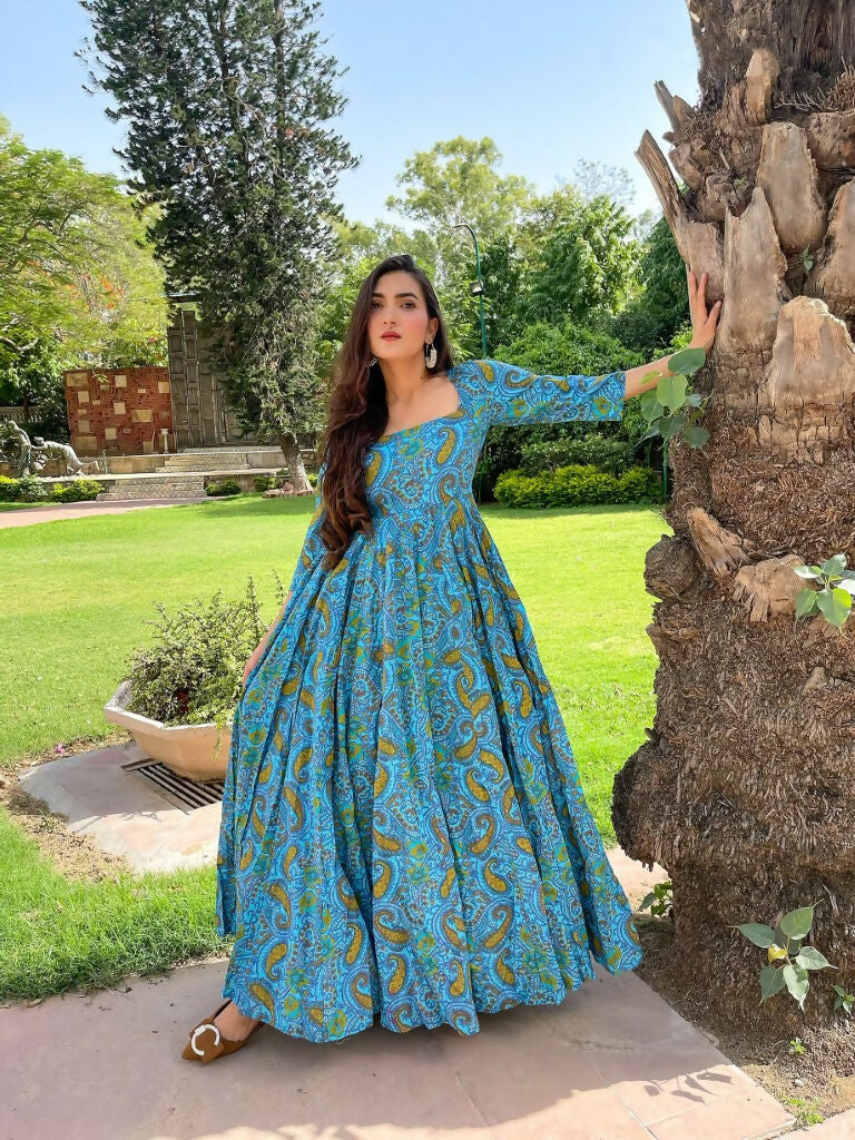 Jyoti Fashion Women's Turquoise Heavy Digital Printed Cotton Silk Anarkali Dress