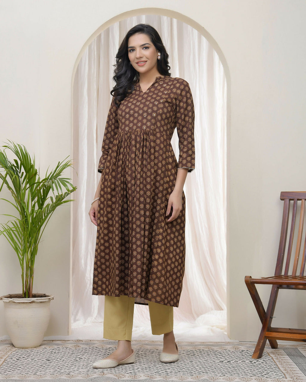 Vaasva Brown Boonta Cotton Printed Gathered Kurti With Pant