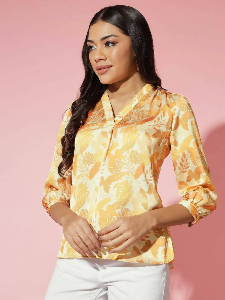 Myshka Women Mustard Floral V-Neck Regular Sleeves Polyester Top