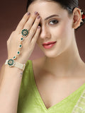 NVR Women's Green Gold-Polished Stone Studded Handcrafted Ring Bracelet