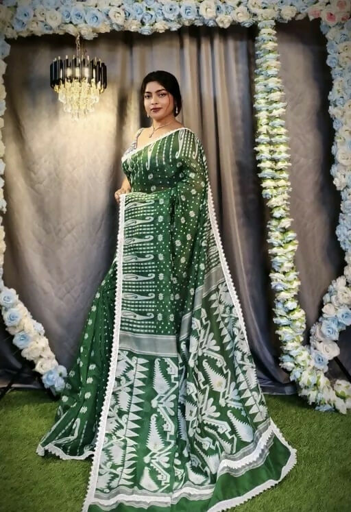 Exclusive Collection Beautiful Dark Green Jaal Jamdani Saree