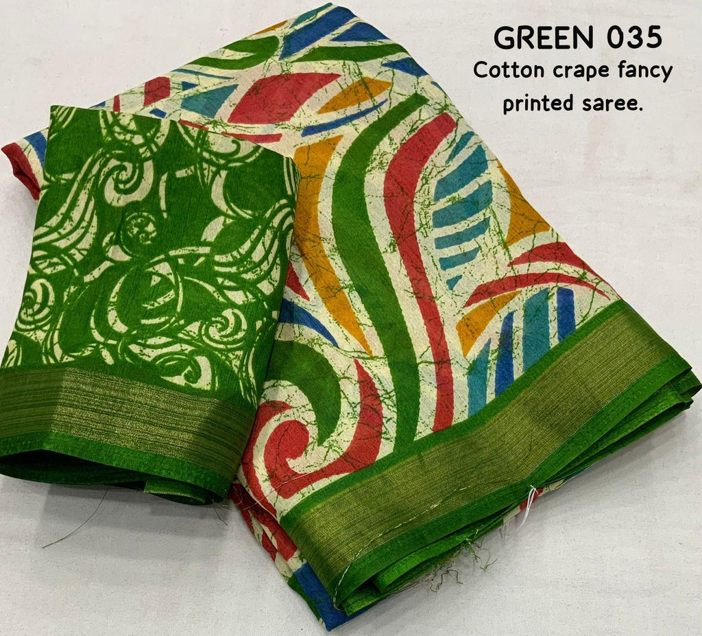 Green Cotton Crepe Batik Print Saree with Unstitched Blouse - Hiral Fashion