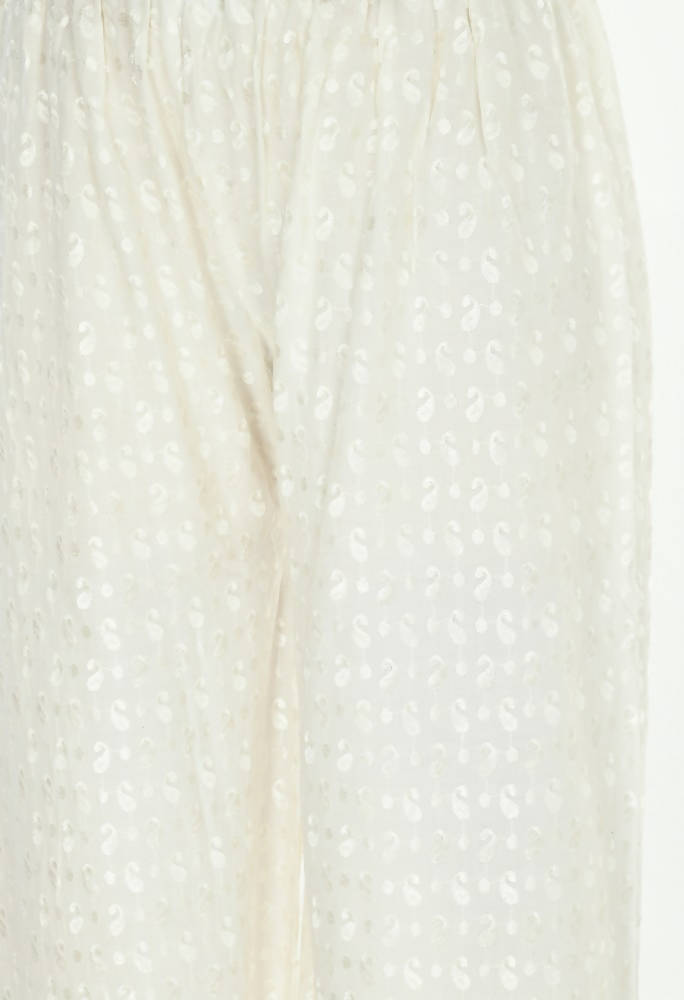 Mominos Fashion Moeza Reyon Cotton Off White Color Chikan Work Palazzo