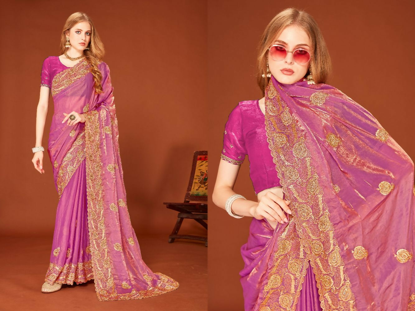 PR Fashion Dusty Pink Fendi Two Tone Silk Heavy Zari Embroidery Work With Zircon Work Saree
