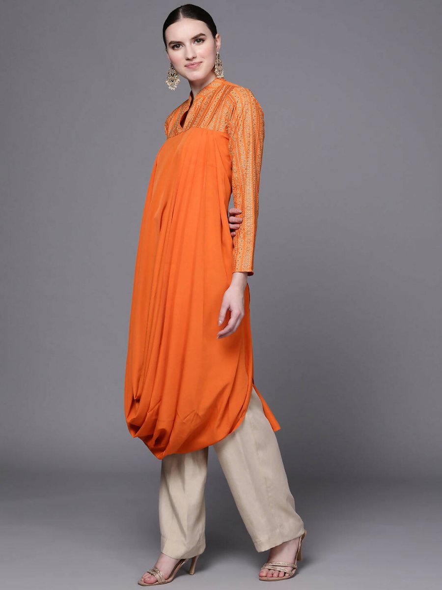 Ahalyaa Women Orange Ethnic Motifs Printed Crepe Cowl Kurta