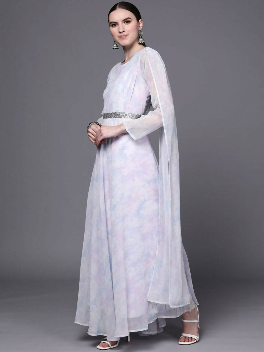 Ahalyaa Women Blue & White Floral Fit & Flare Maxi Ethnic Dress