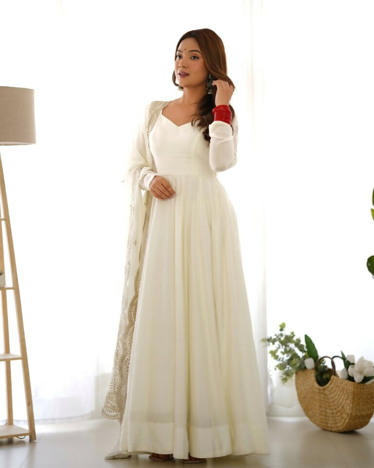 Teeya Creation White Color Pure Roman Silk Chanderi Party Wear Fully Stitched Gown