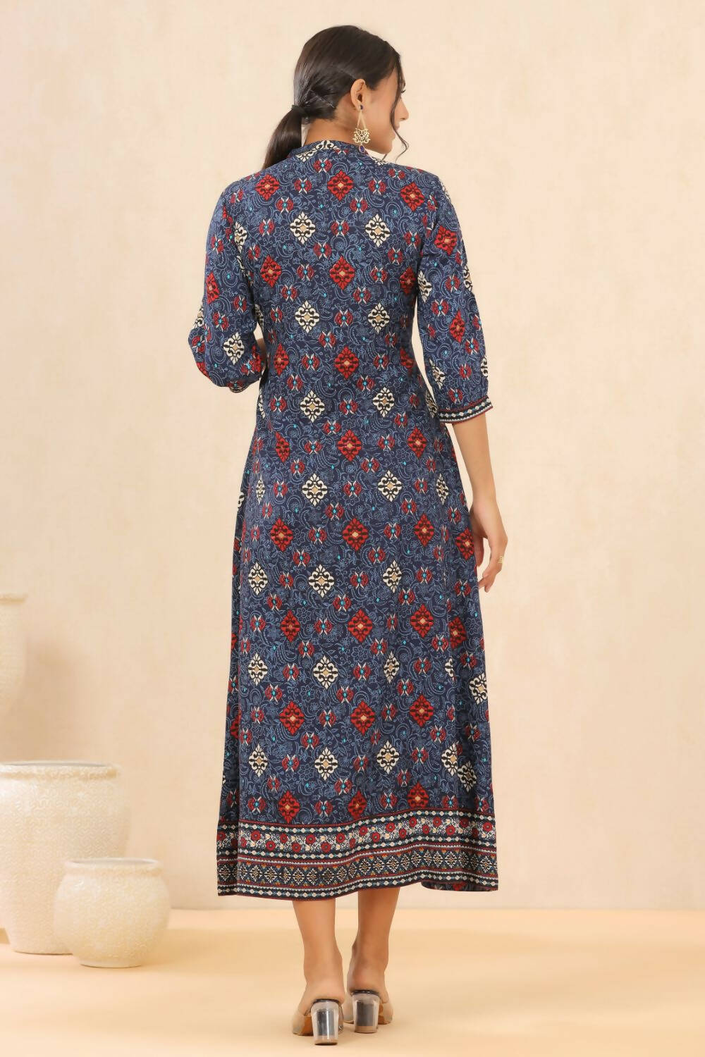 Juniper Womens Indigo Rayon Foil Printed Maxi Dress With Puff Sleeve