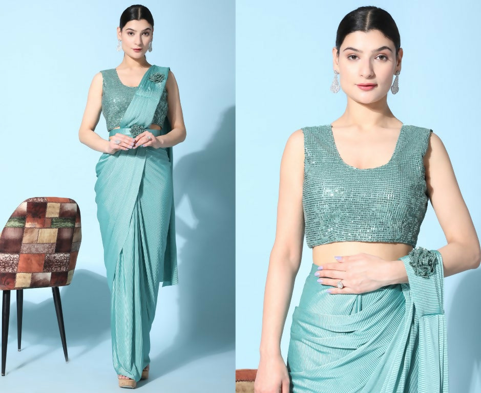 Sea Green Imported Crush Lycra Texture Pattern Ready to Wear Saree with stitched Blouse - Nirvana