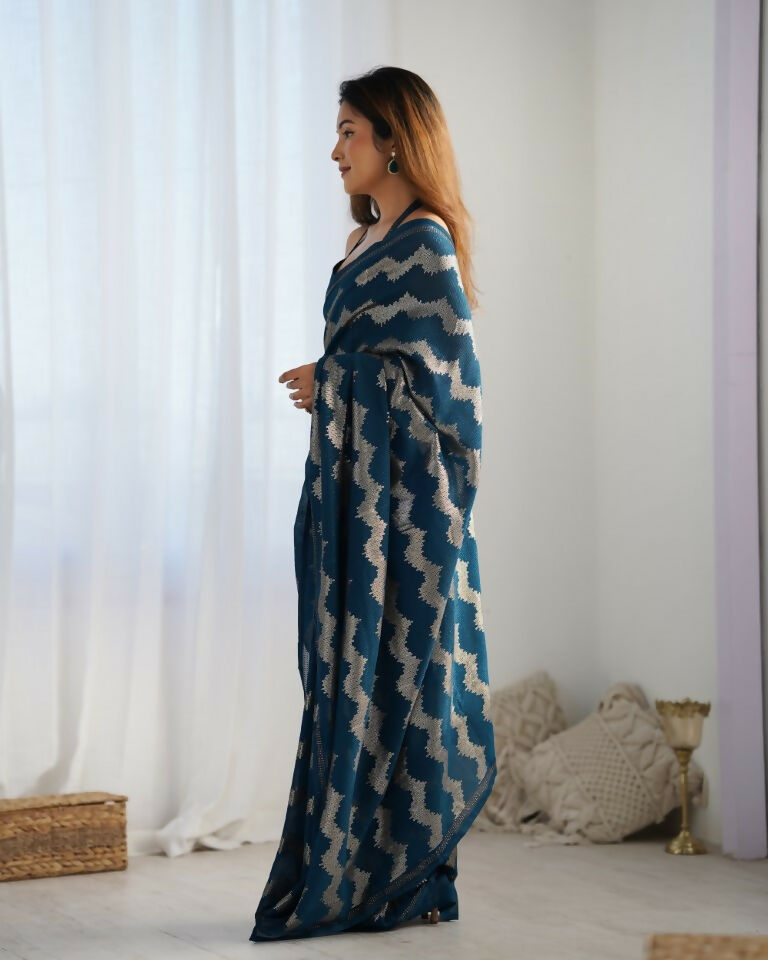 Petrol Georgette Sequance Embroidery Work Border Saree - Sitare