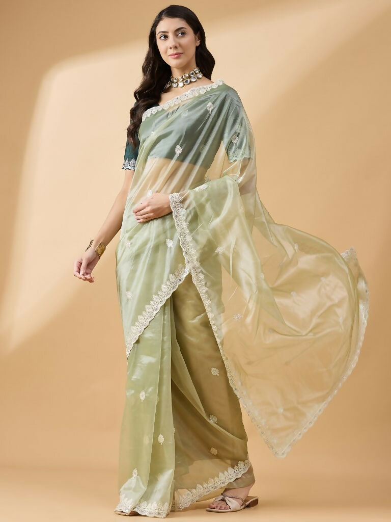 Green Organza Sequence Embroidered Saree with Unstitched Blouse - Satya
