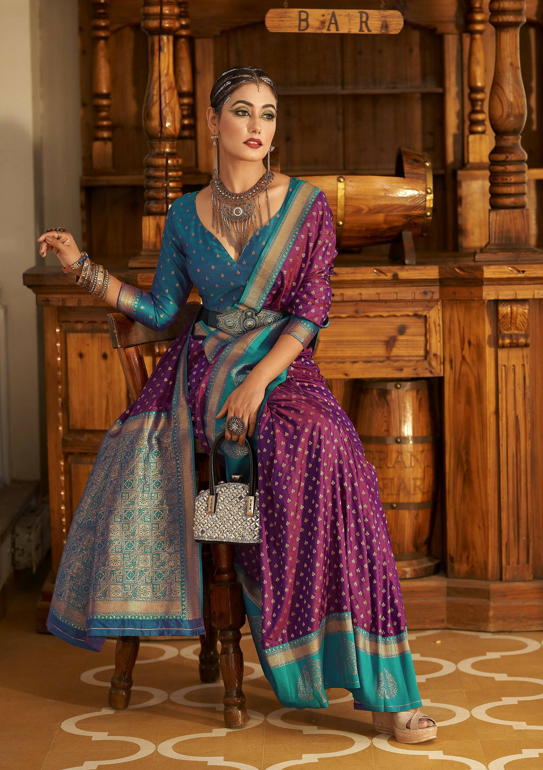 Purple Soft Banarasi Paithani Copper Zari Weaving Saree With Unstitched Blouse Piece - Jodha