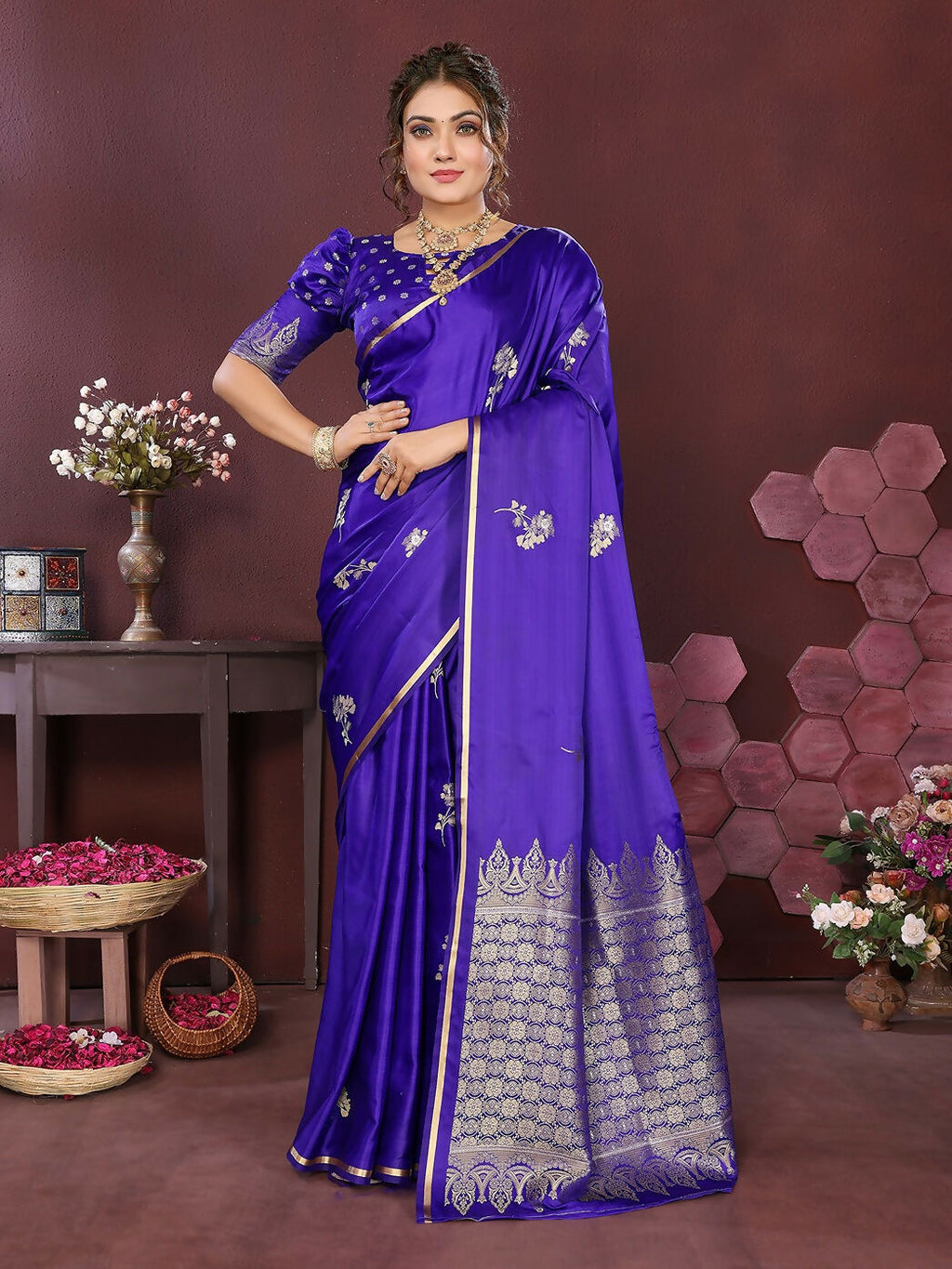 Joban Fashion Indigo Blue Floral Banarasi Silk Sarees