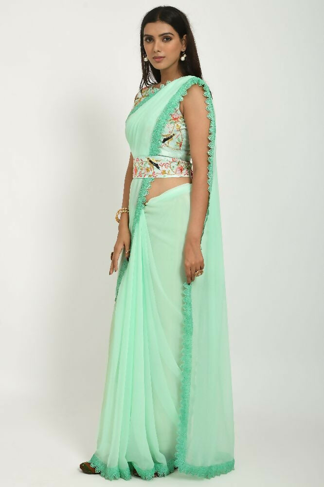 PR Fashion Pista Georgette Gpo Lace Saree