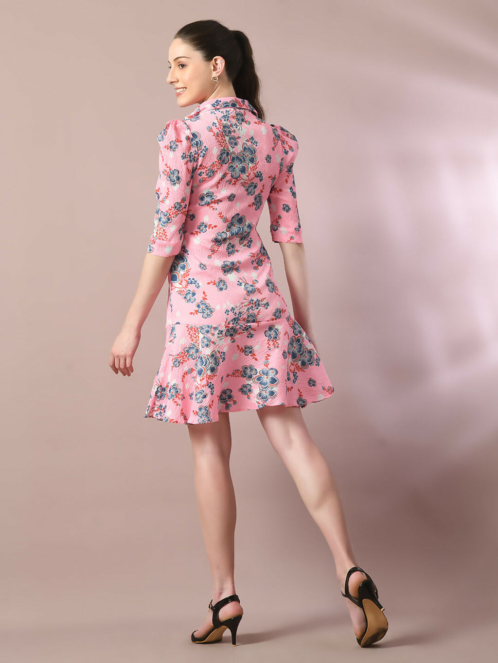 Myshka Women's Pink Printed Shirt Collar Fit and Flare Party Dress