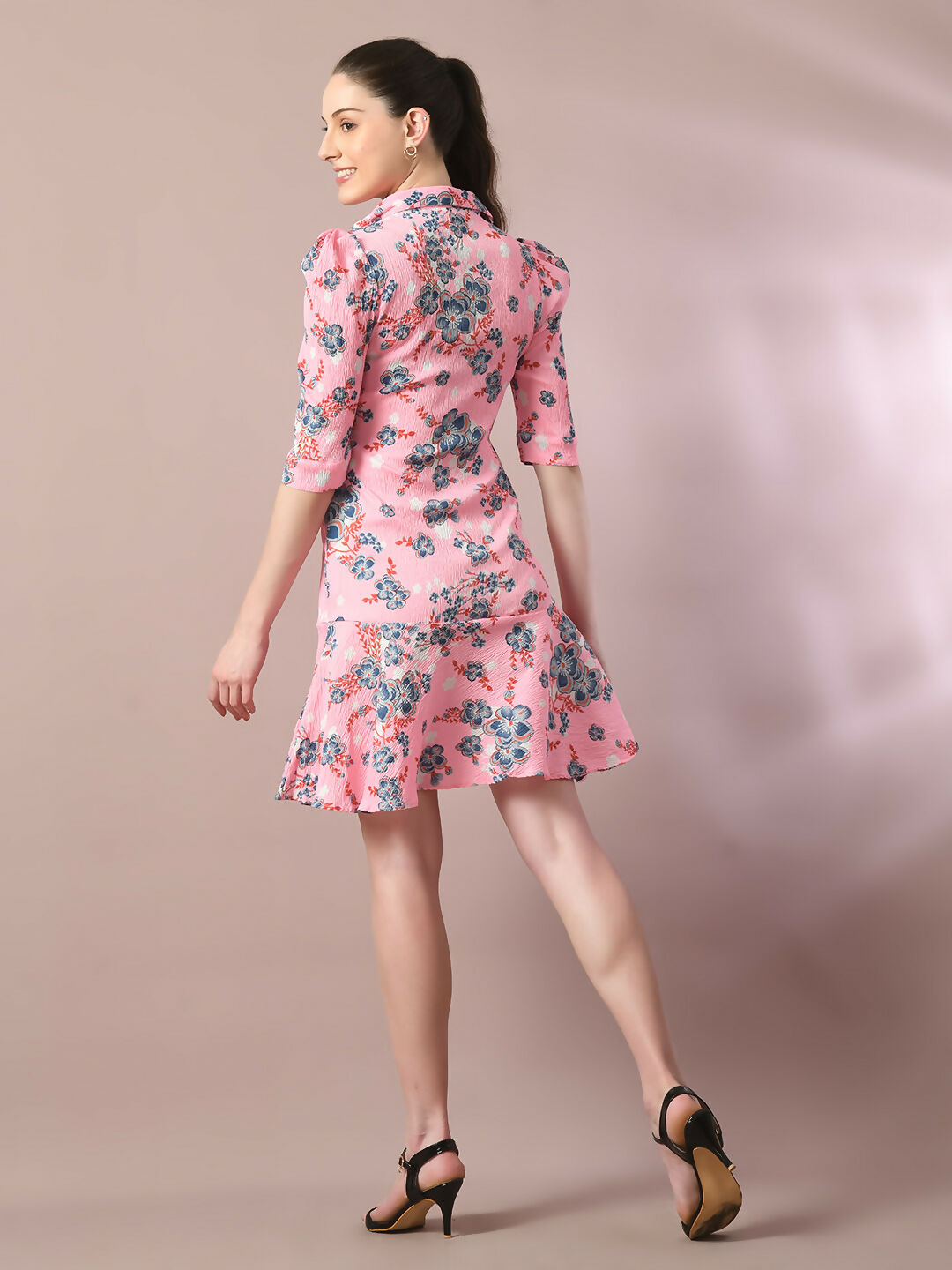 Myshka Women's Pink Printed Shirt Collar Fit and Flare Party Dress