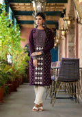 Juniper Women's Mauve Ethnic Motif Printed Polycotton Straight Round Neck Women Kurta