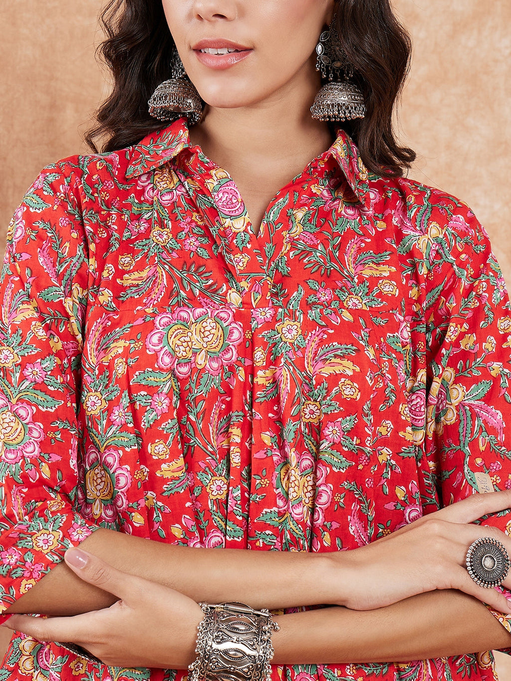 InWeave Women's Red Yellow Floral Print Flared Kurta Pant Set