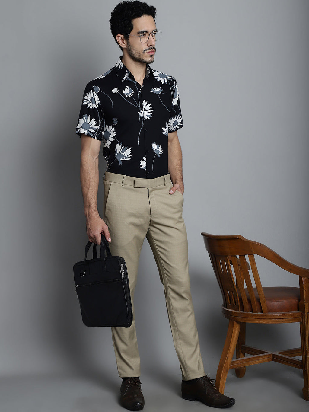 Jainish Men's Floral Printed Formal Shirts - Black
