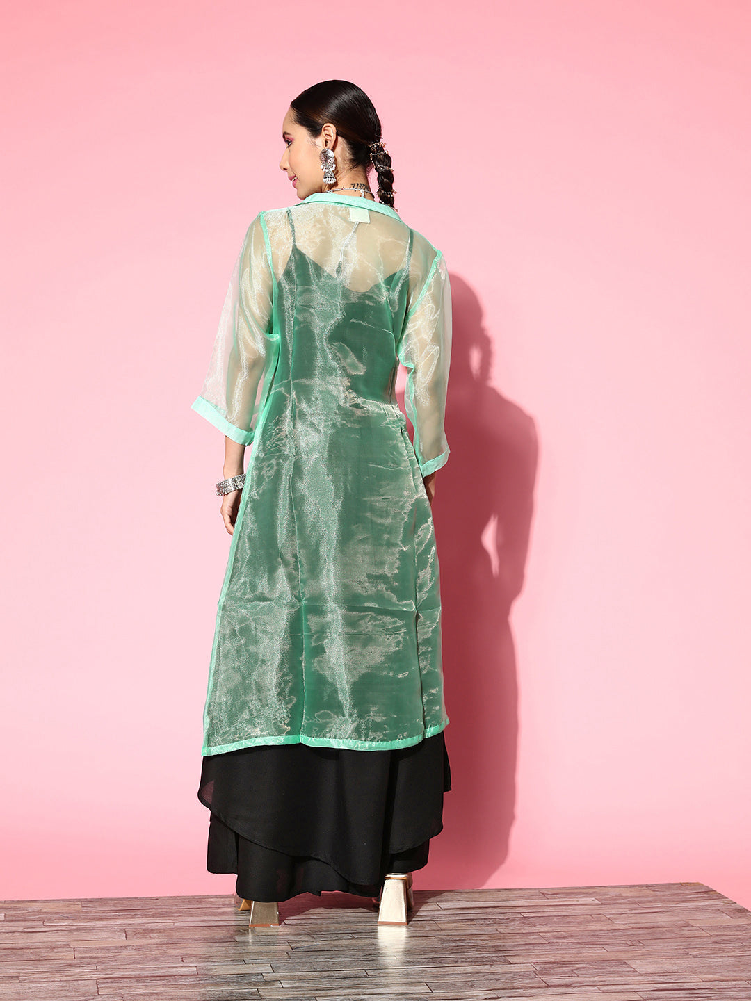InWeave Women's Black Strappy Kurta Set With Teal Organza Cape