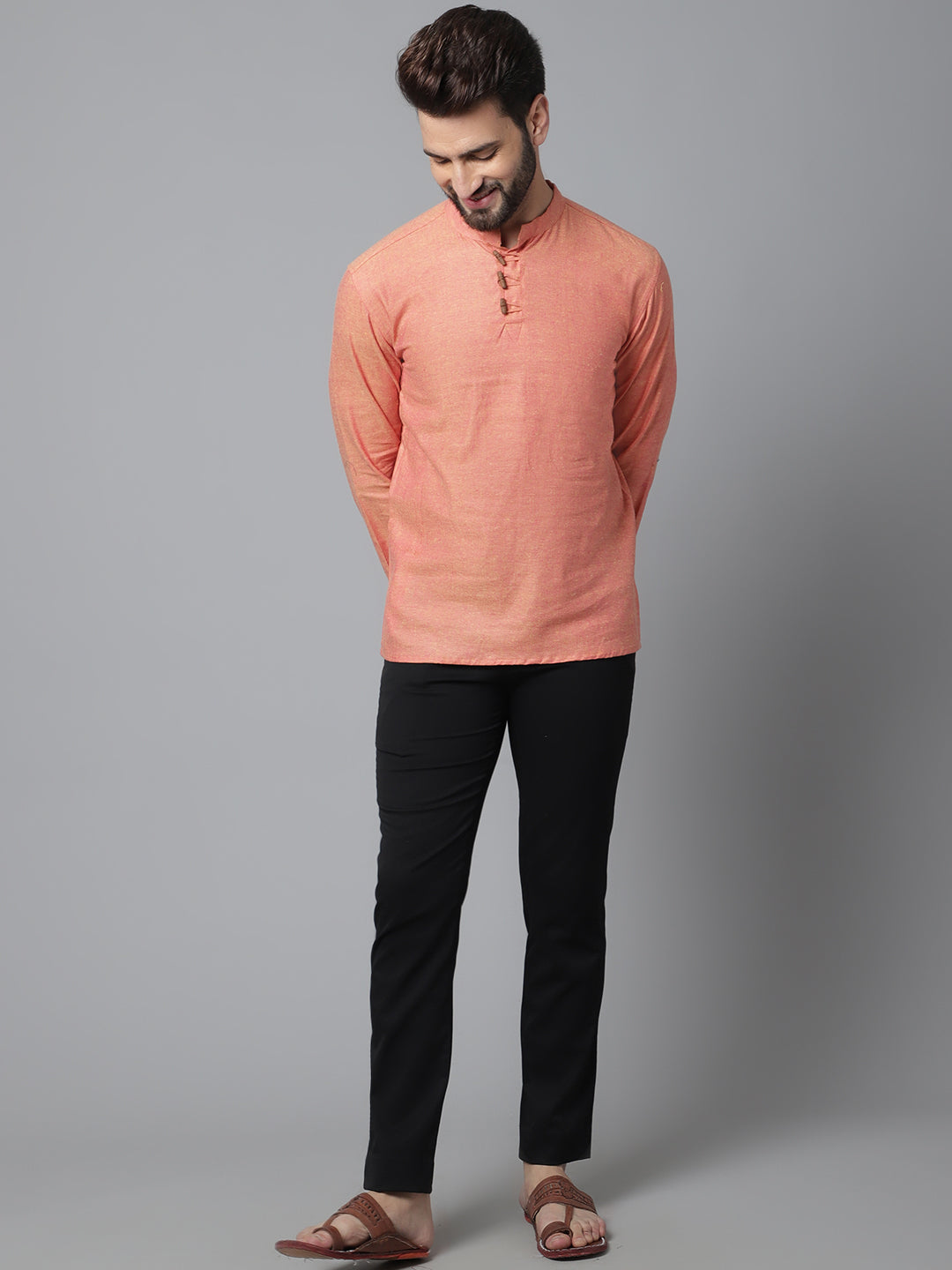 Even Apparels Orange Pure Cotton Kurta With Band Collar