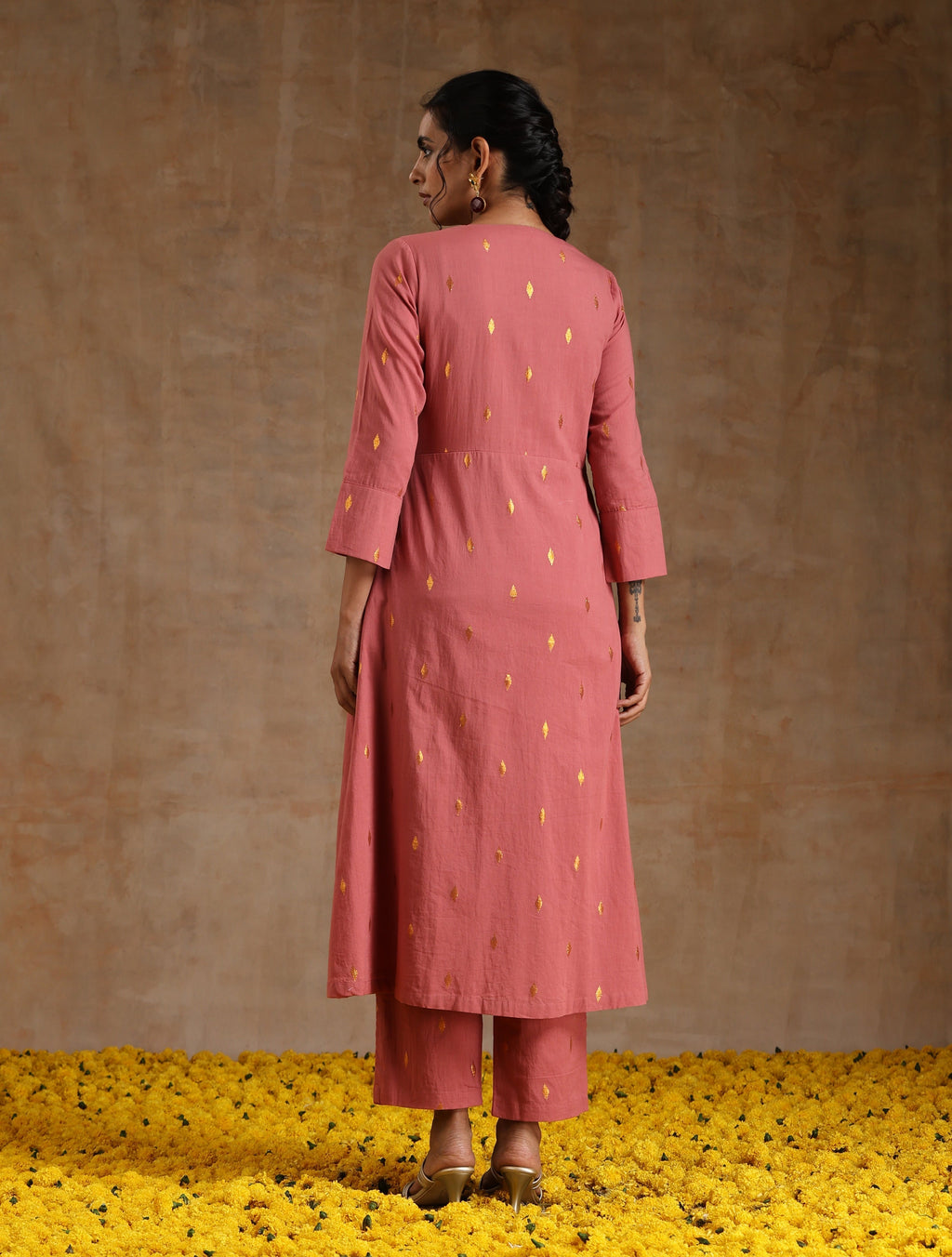 trueBrowns Blush Gold Cotton Angrakha Kurta Set