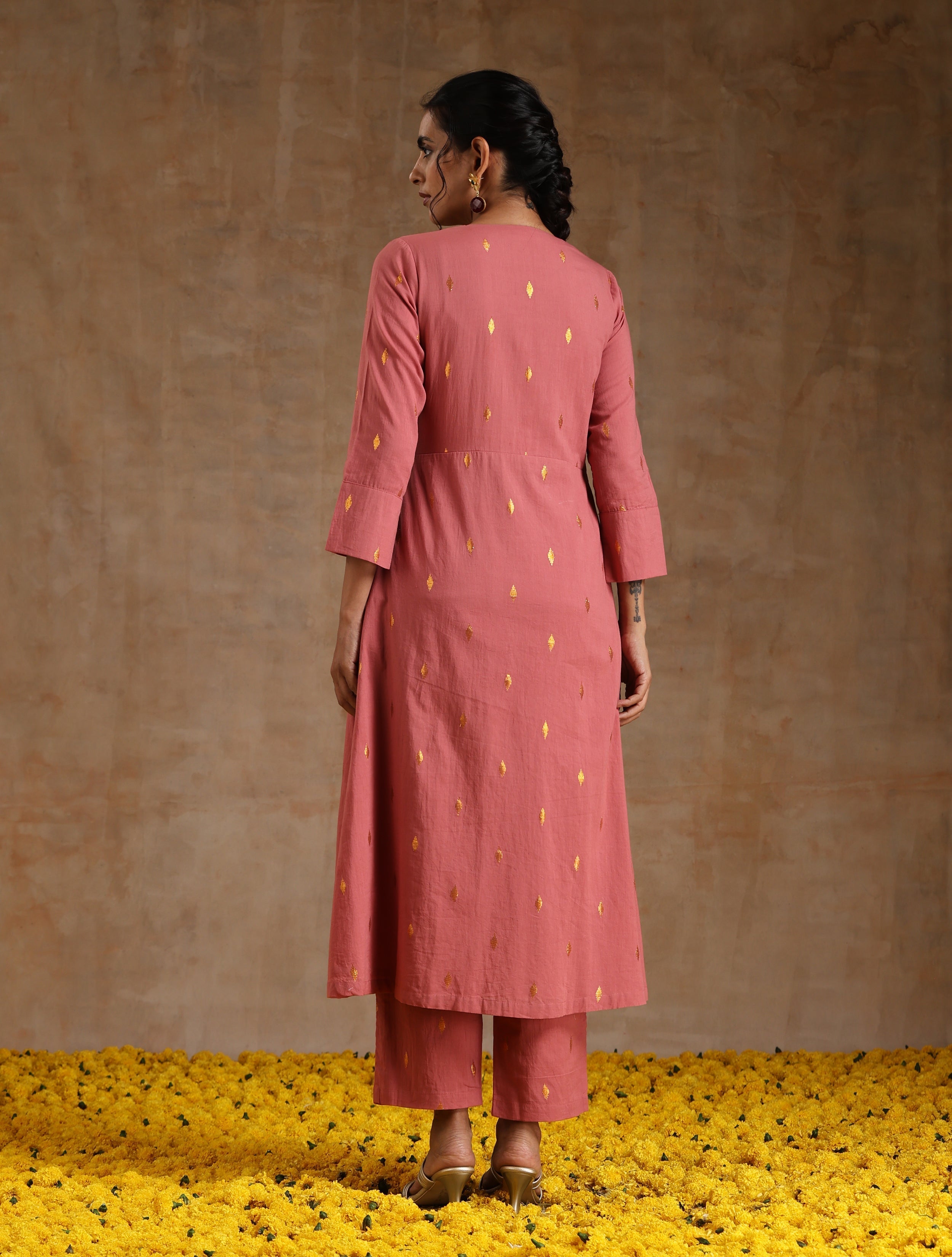 trueBrowns Blush Gold Cotton Angrakha Kurta Set