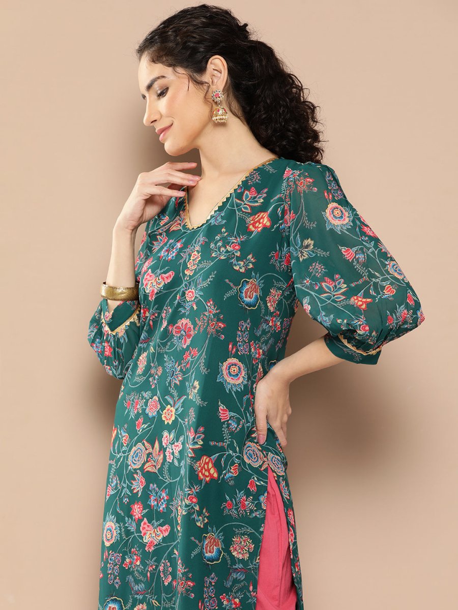 Ahalyaa Women Floral Printed Gotta Patti Floral Georgette Kurta