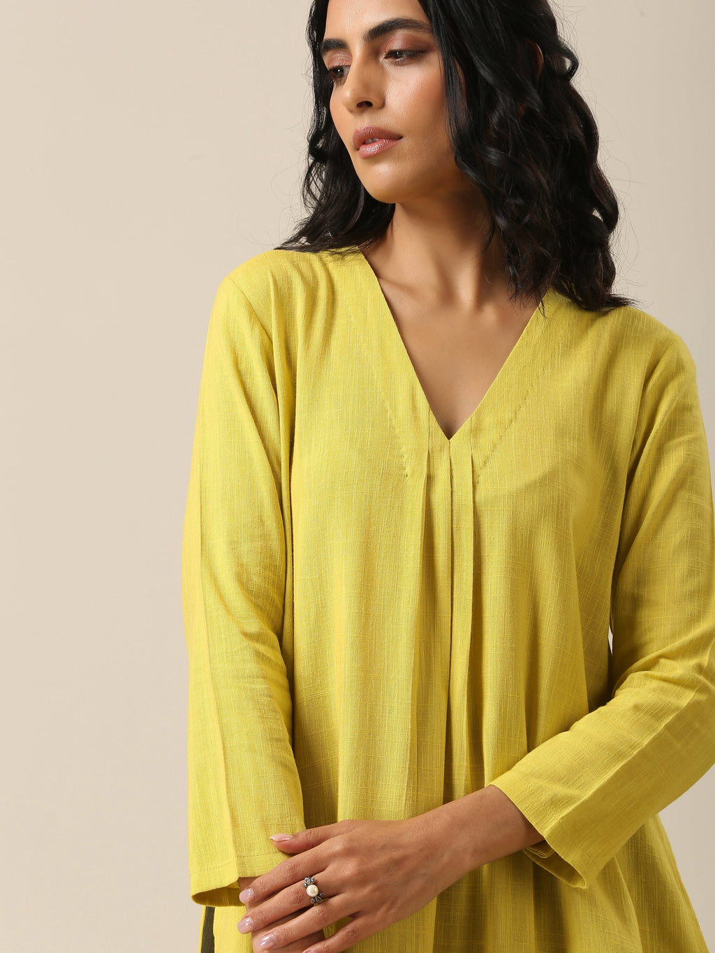 trueBrowns Lime Slub Texture Slit Kurta Palazzo Set