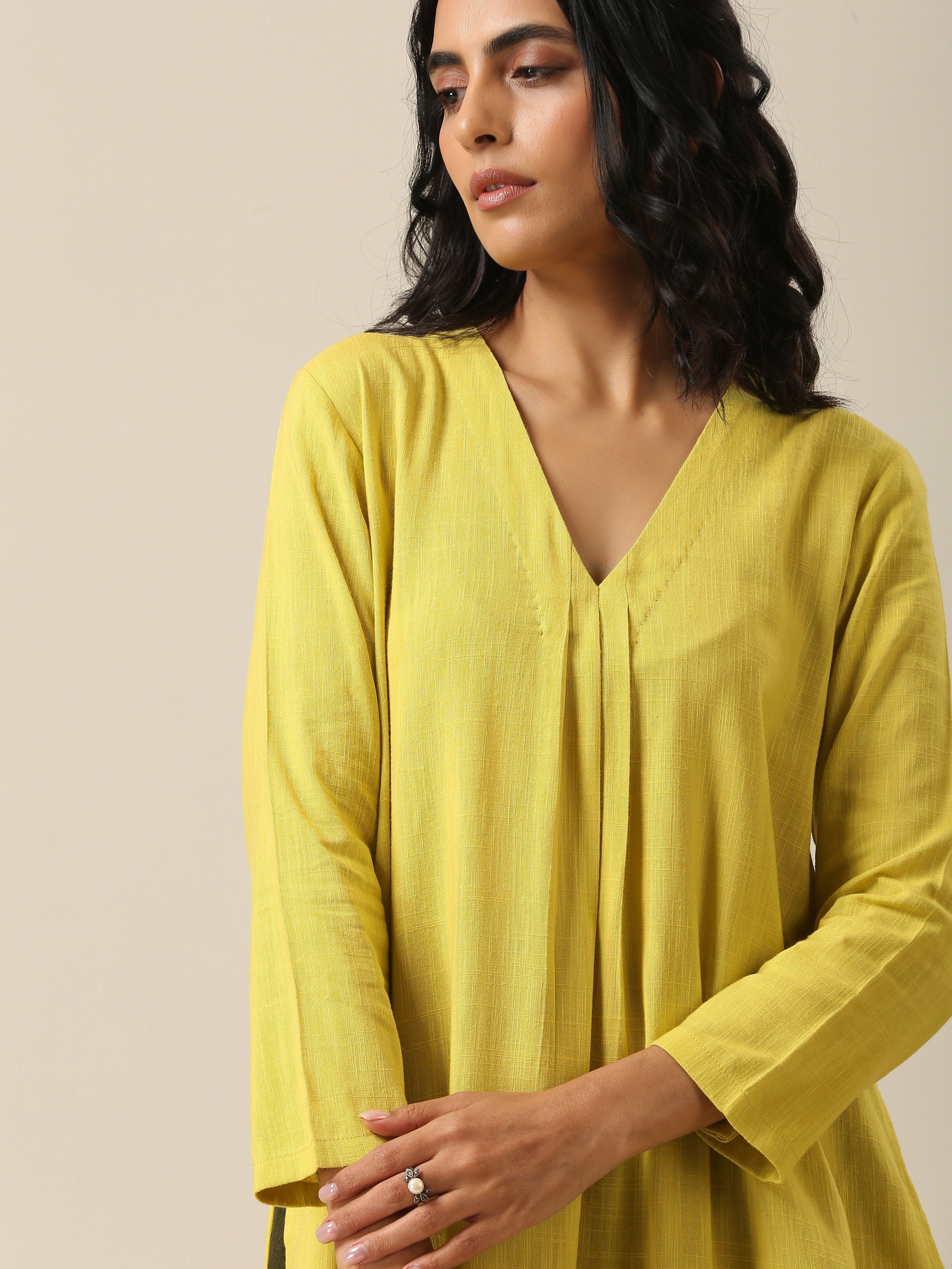 trueBrowns Lime Slub Texture Slit Kurta Palazzo Set
