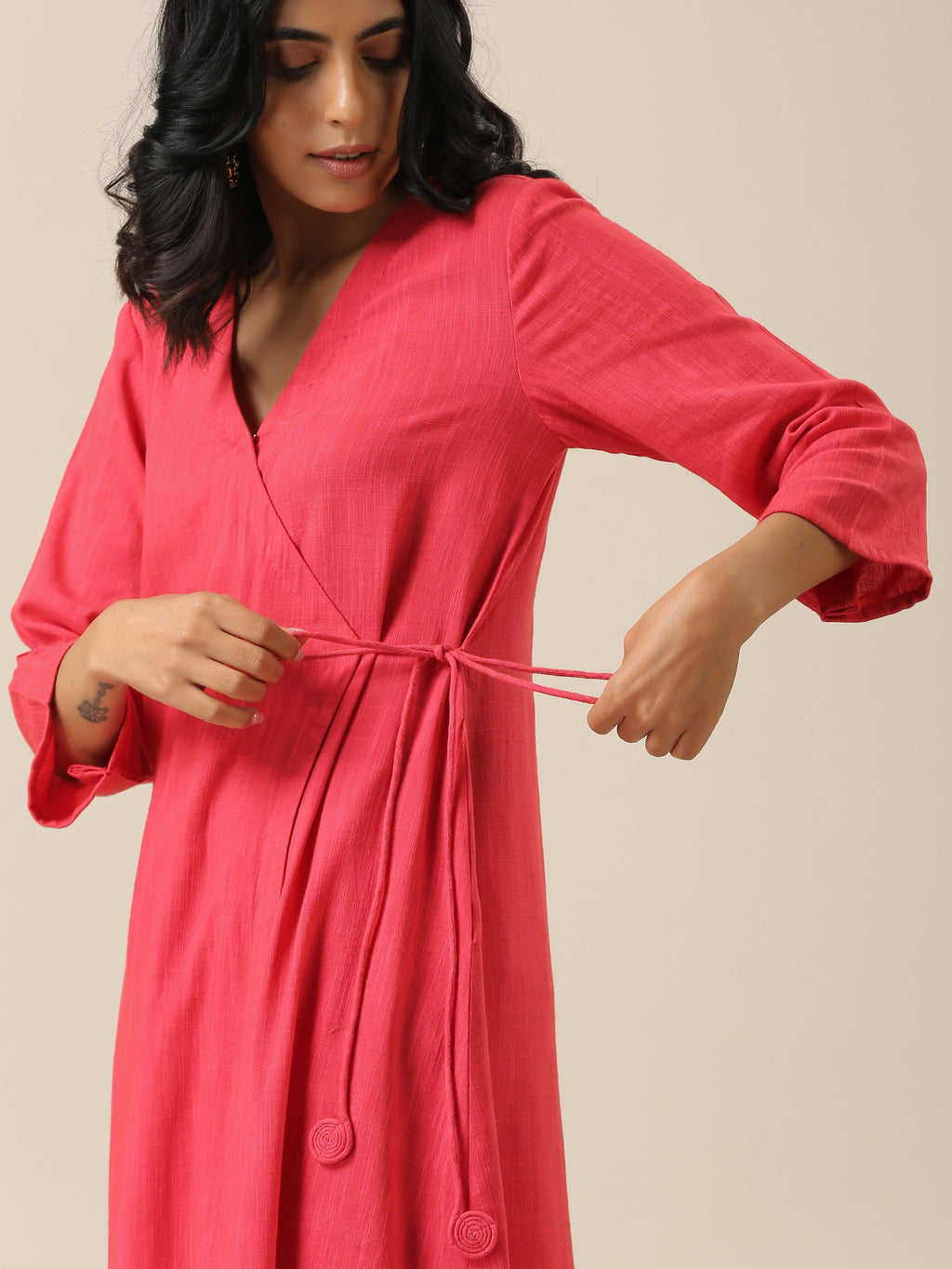 trueBrowns Bright Pink Slub Texture Angrakha Pant Set
