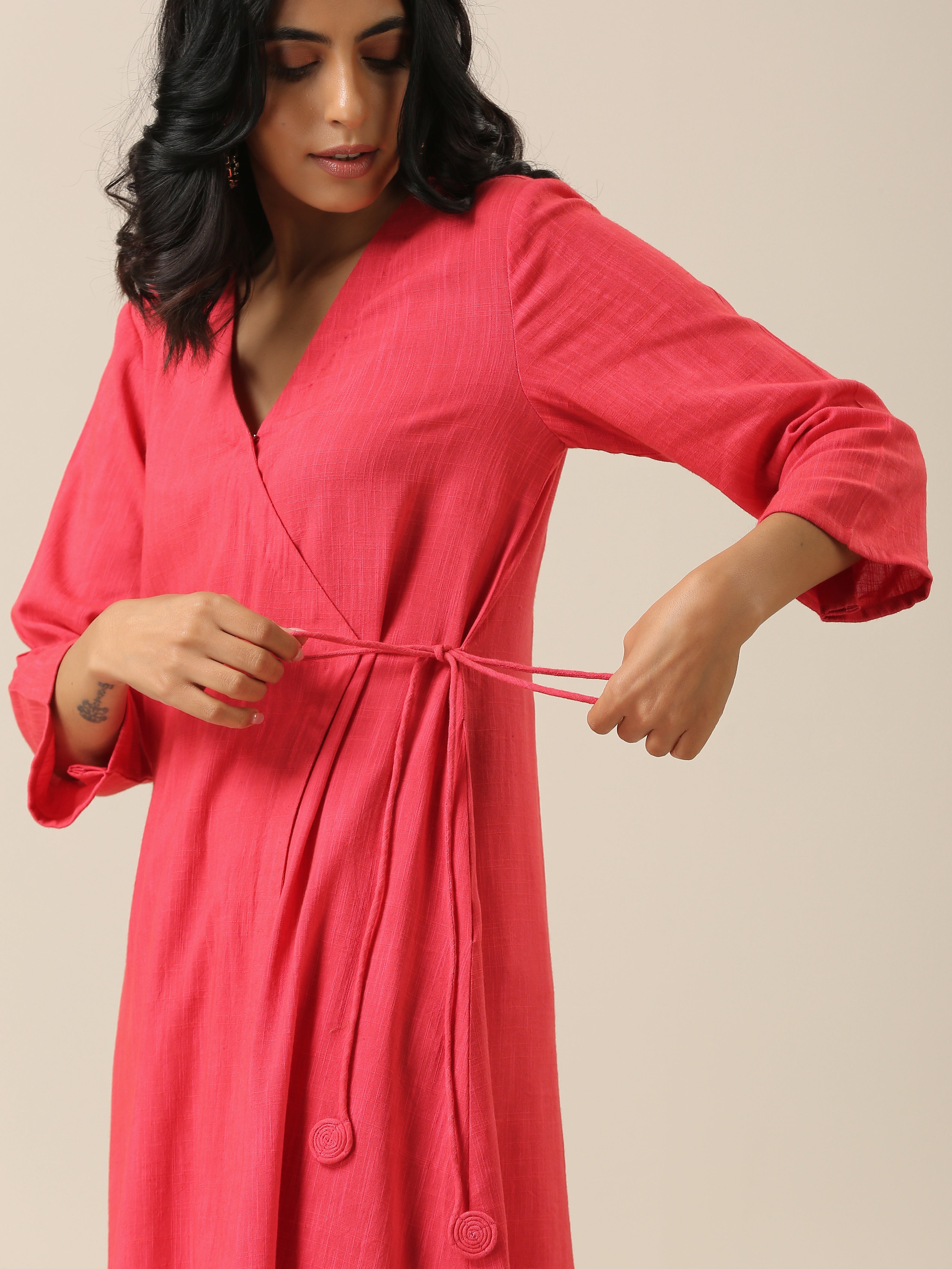 trueBrowns Bright Pink Slub Texture Angrakha Pant Set