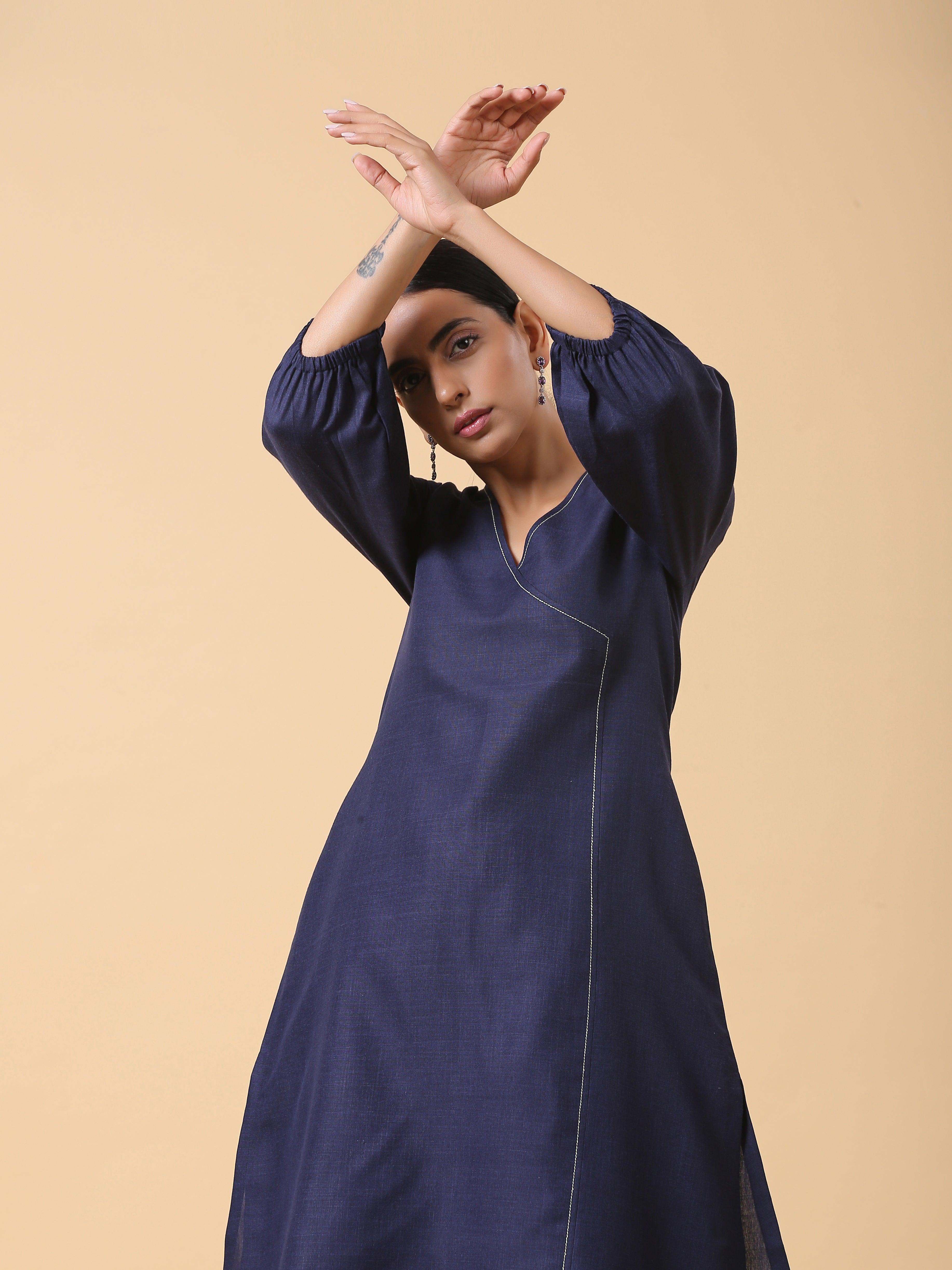 trueBrowns Cotton Linen Dark Blue Kurta Pant Set