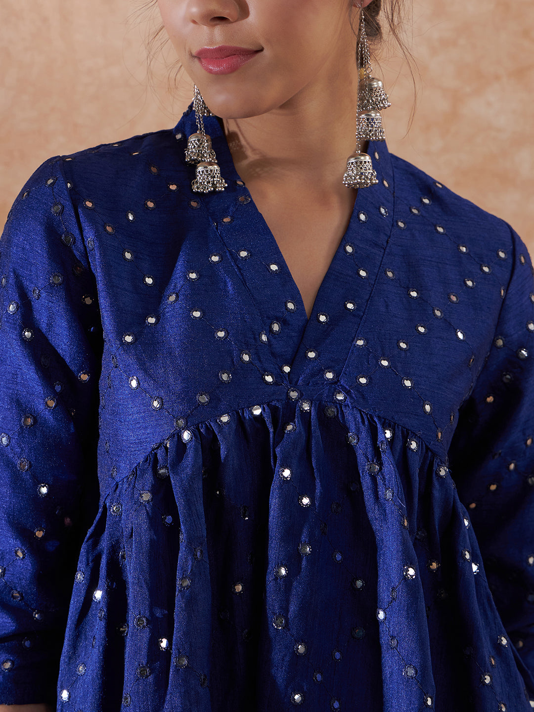 InWeave Women's Blue Mirror Work Flared Kurta