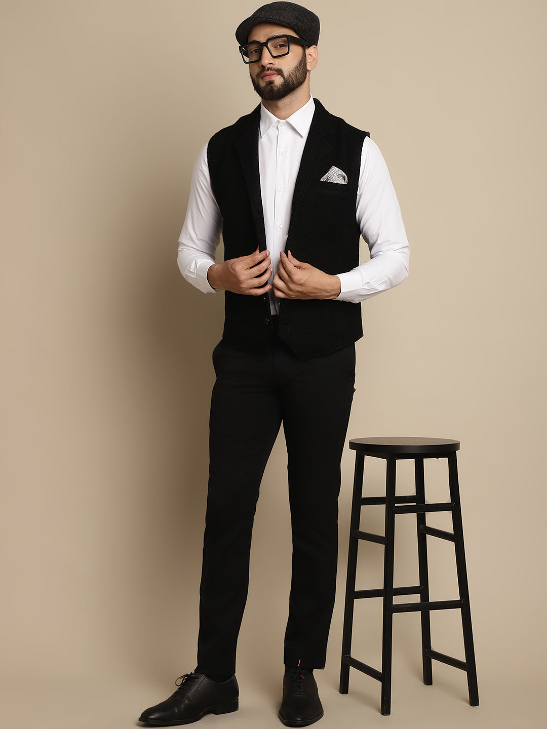Even Apparels Men's Black Wool Waistcoat with Notched Lapel