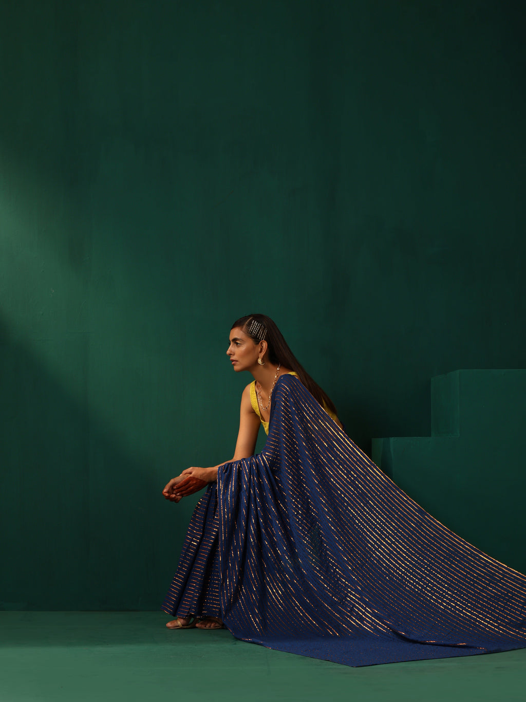 trueBrowns Royal Blue Cotton Gold Lurex Striped Ready to Wear Saree