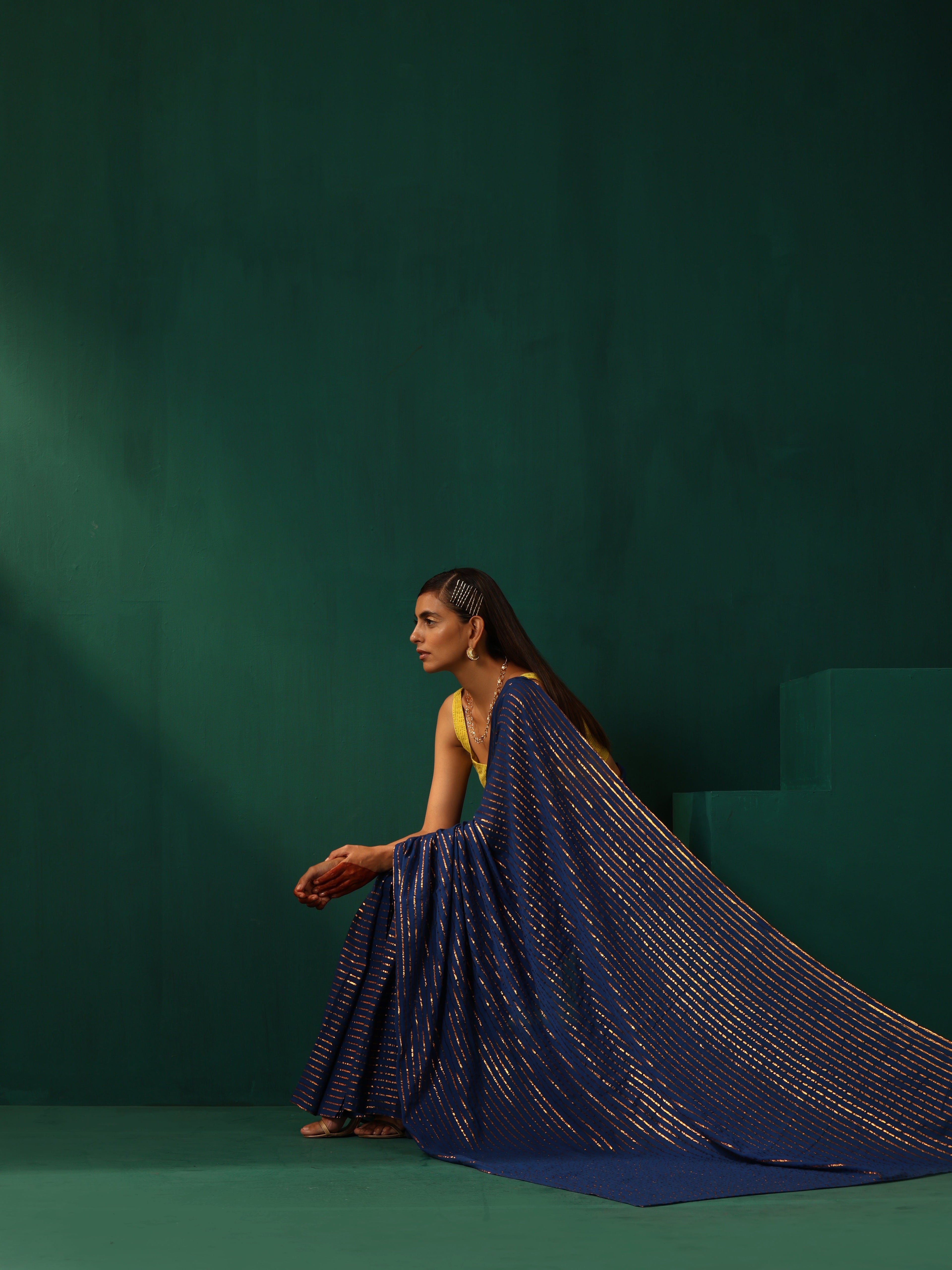trueBrowns Royal Blue Cotton Gold Lurex Striped Ready to Wear Saree