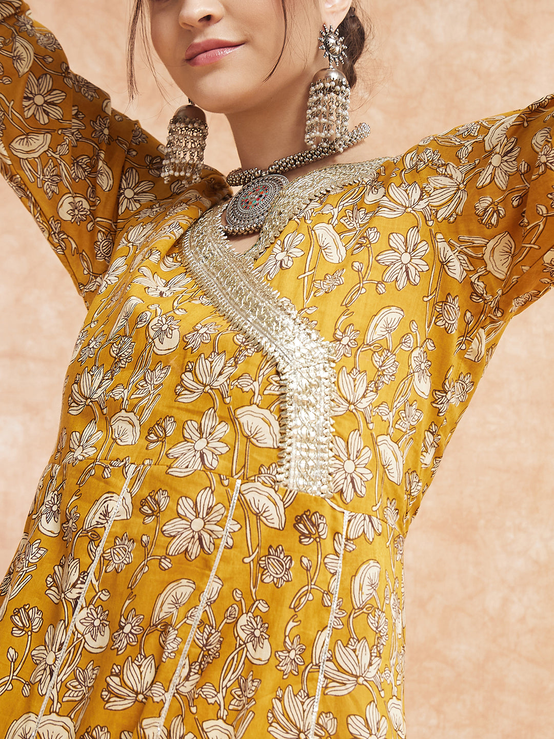 InWeave Women's Mustard Printed Gota Embroidered Anarkali Kurta