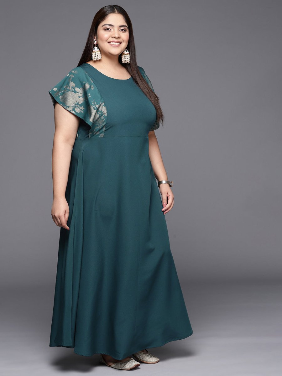 Ahalyaa Plus Size Floral Print Crepe Flared Sleeves A-line Maxi Ethnic Dress