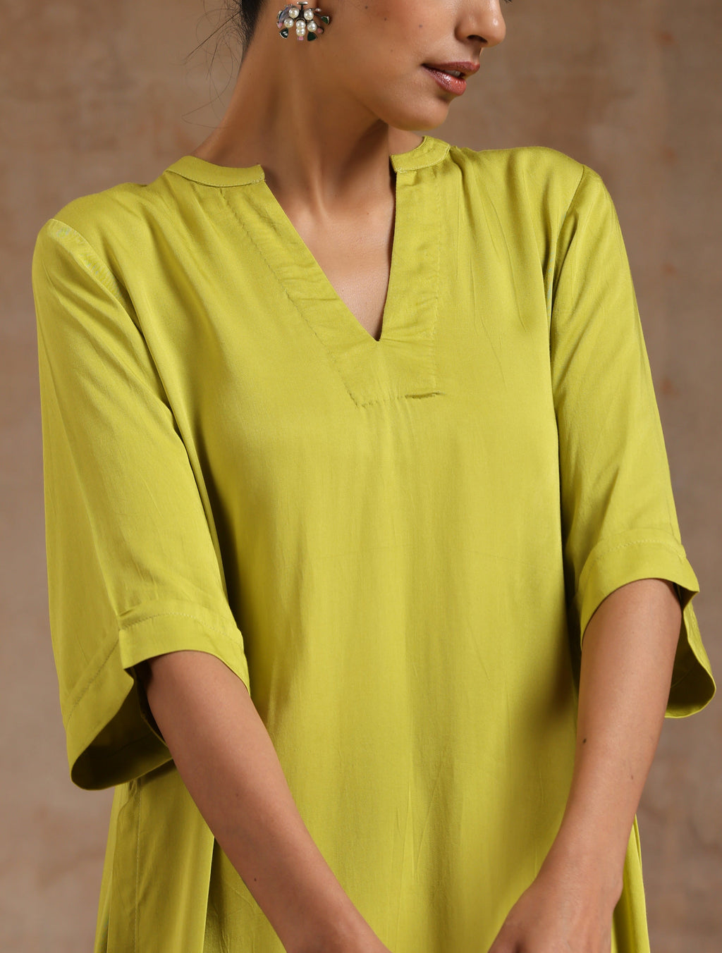 trueBrowns Lime Modal Satin High-Low Relax Kurta Set
